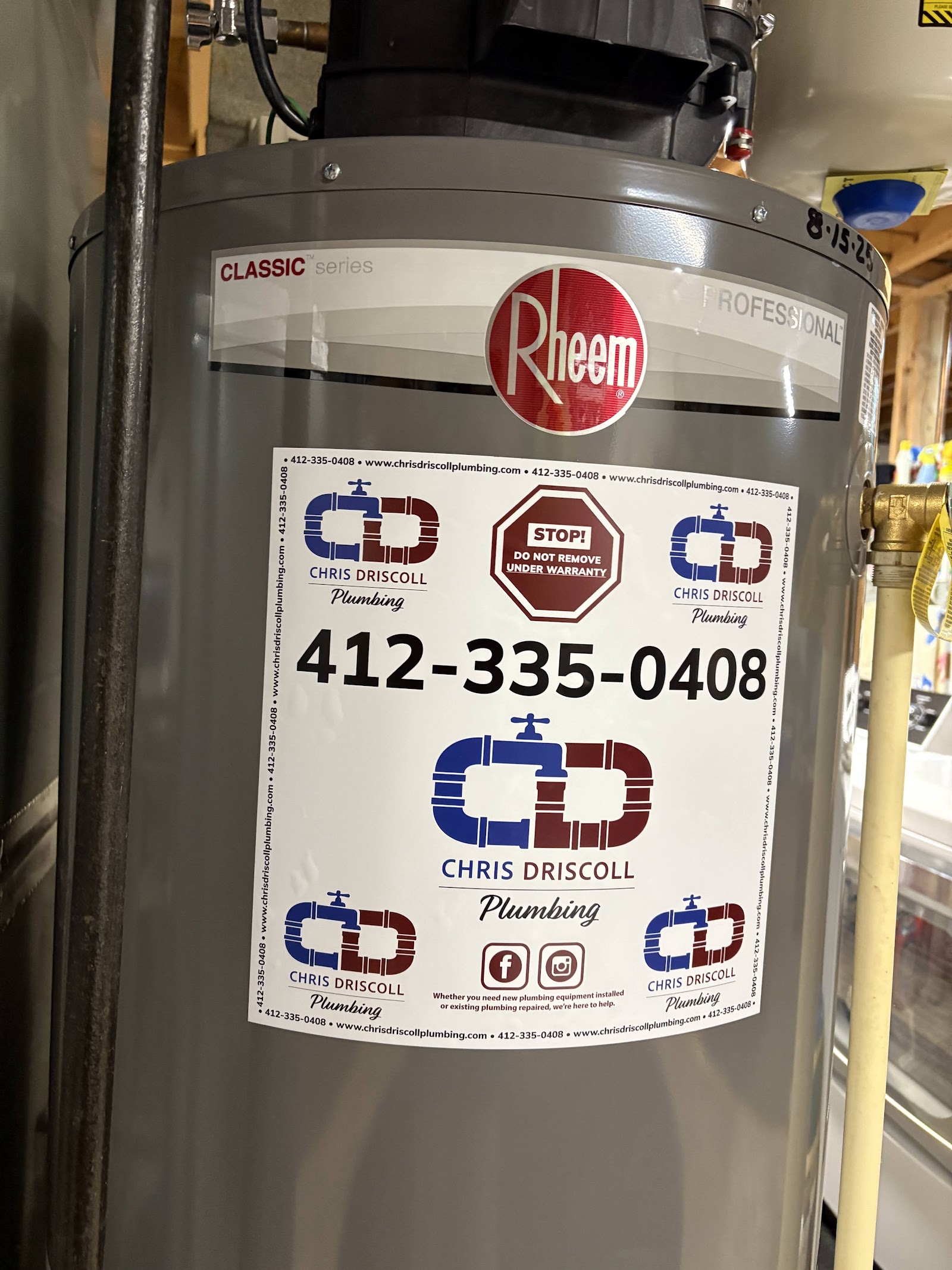 New Rheem water heater installed by Chris Driscoll Plumbing